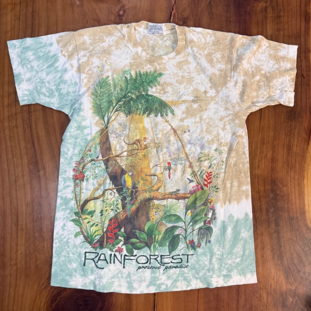 Vintage 90s Liquid Blue T-Shirt L Tie Dye Rainforest Single Stitch Paradise